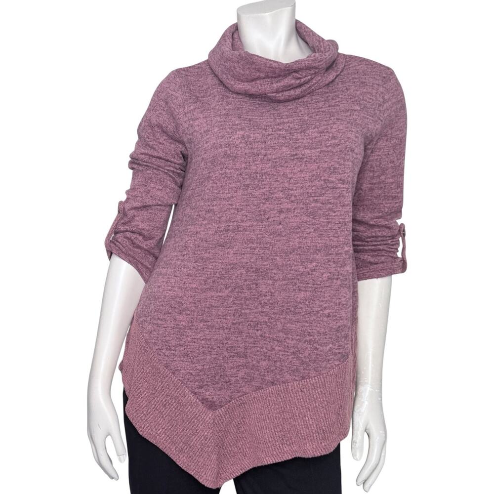 SJS Women's Cowl Neck Asymmetrical Tunic Sweater with Roll-Tab Sleeves